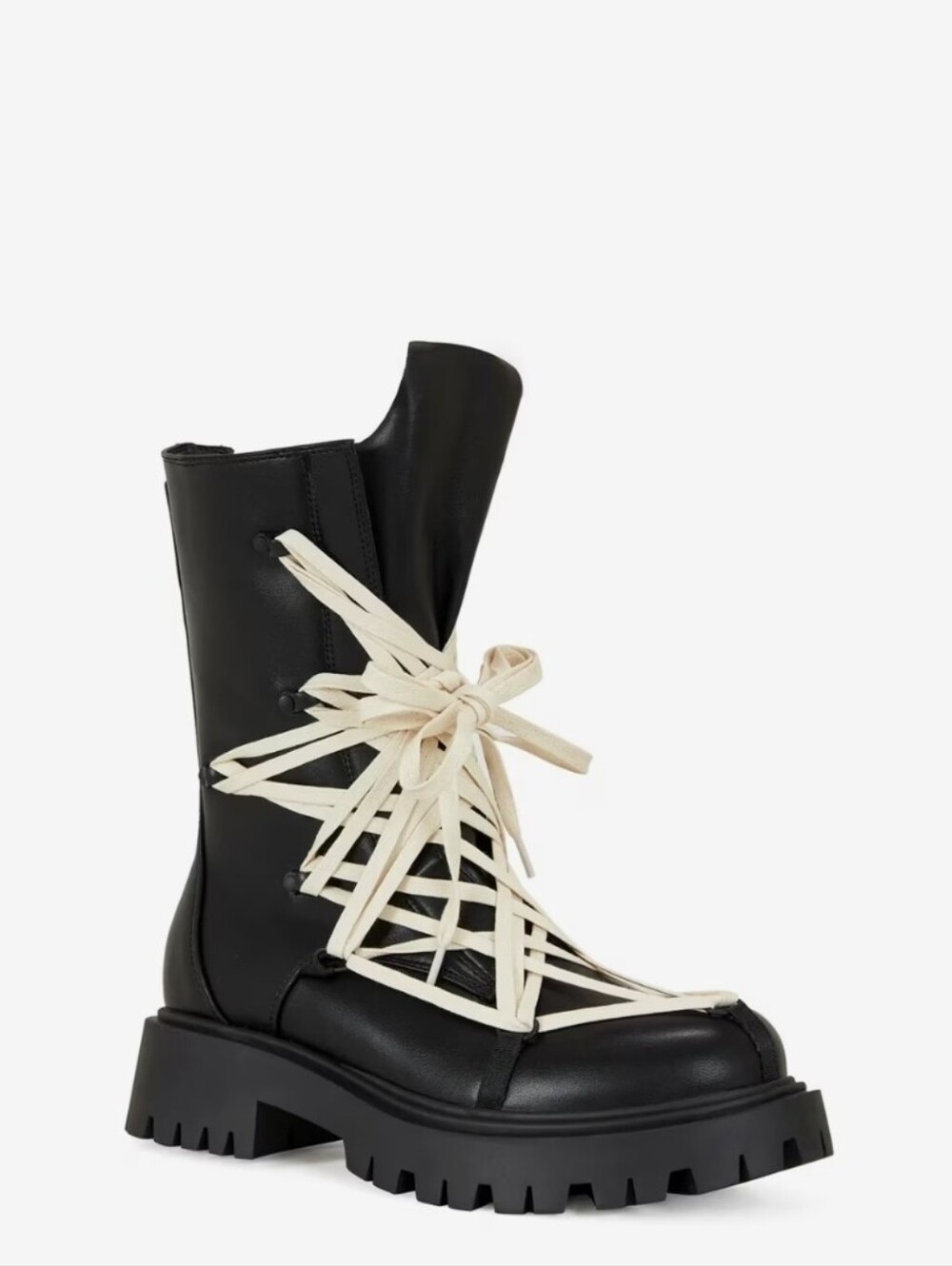 New Black Combat Boots with Cream Lace Overlay - Women